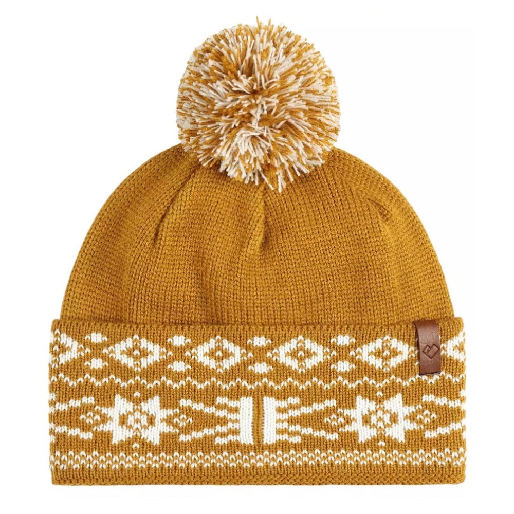 Obermeyer Nordic Pom Beanie Cortado Mustard Yellow White Fair‎ Isle Unisex NWT